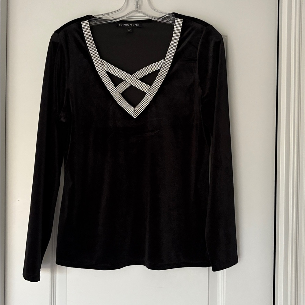 Boston Proper Black Top with Rhinestone V-Neck
